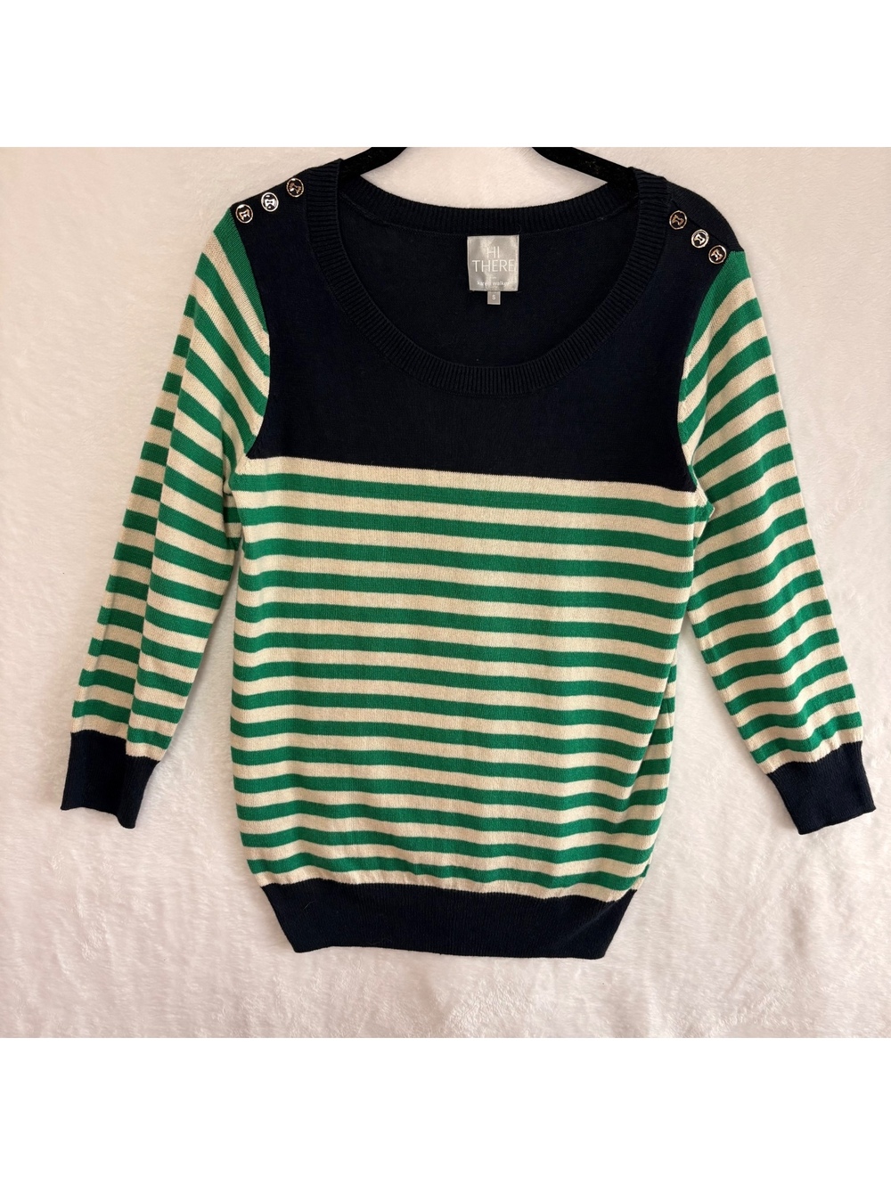 Anthropologie Hi There by Karen Walker Striped Knit Sweater S Navy Green Ivory